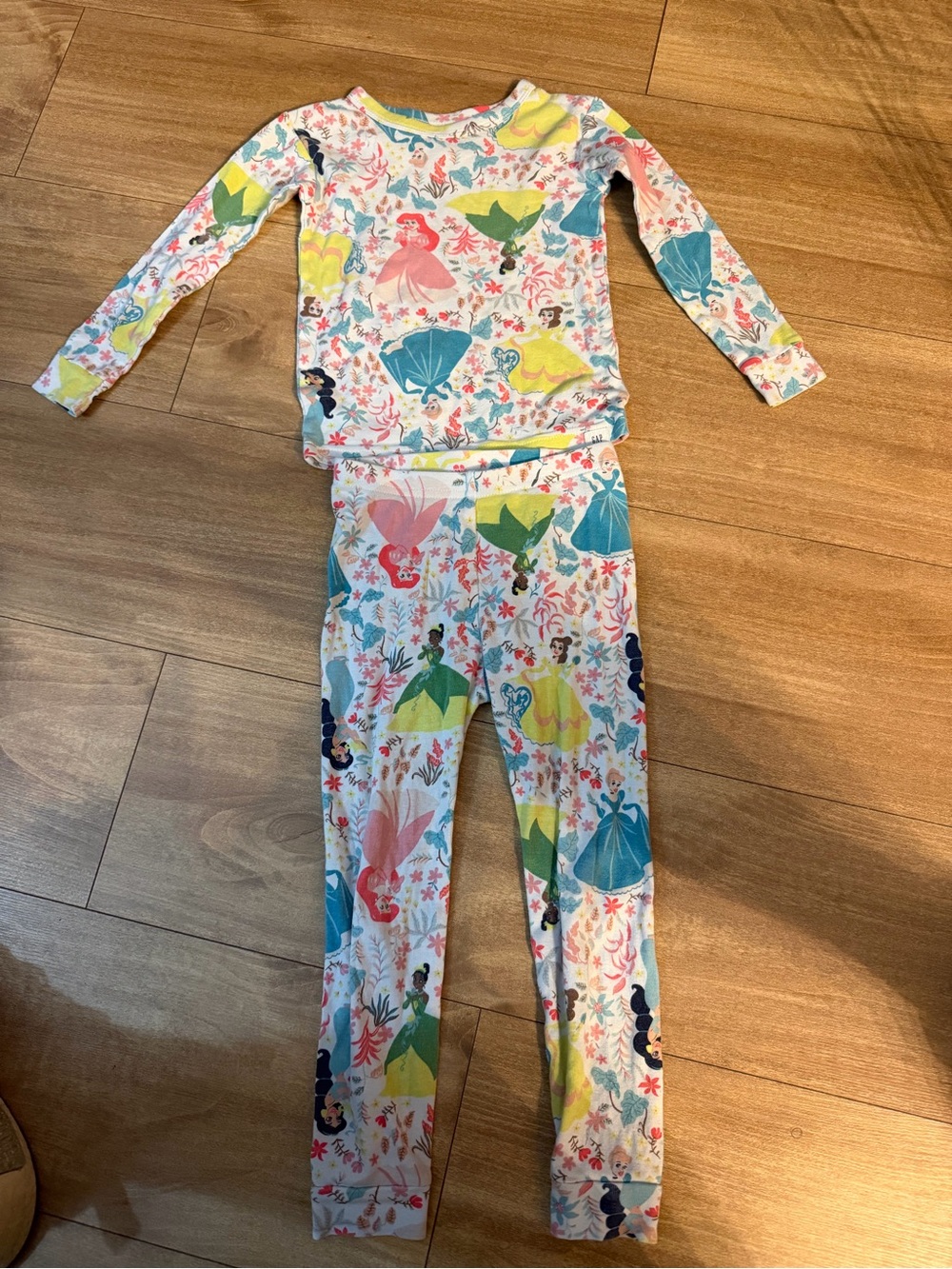 Disney White Pajama Set with Pink Yellow Blue Princess Prints